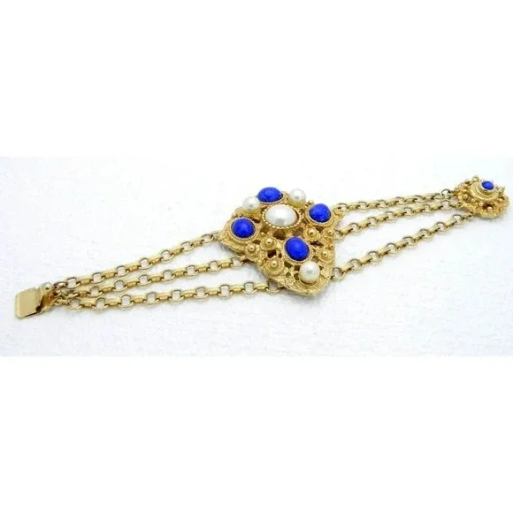 VTG Gold Tone Faux Blue Lapis Lazuli Pearl Etruscan Byzantine Style Bracelet